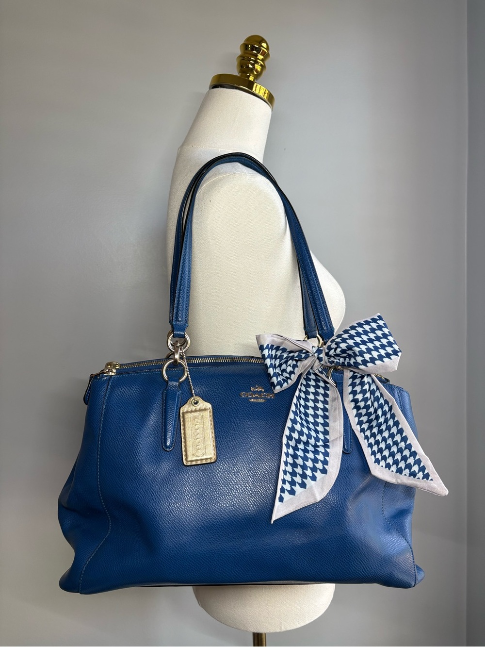 Coach Blue Leather Shoulder Tote with Gold Tag and Patterned Scarf